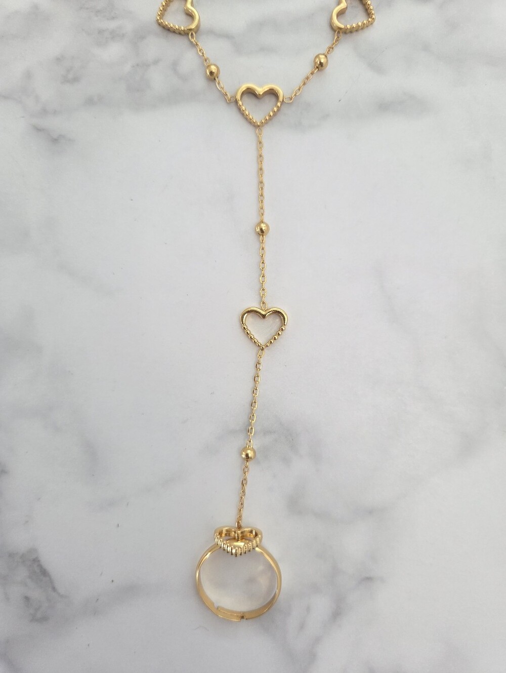 Gold Heart Hand Chain Bracelet Ring Combo Stainless Steel - Picture 9 of 13